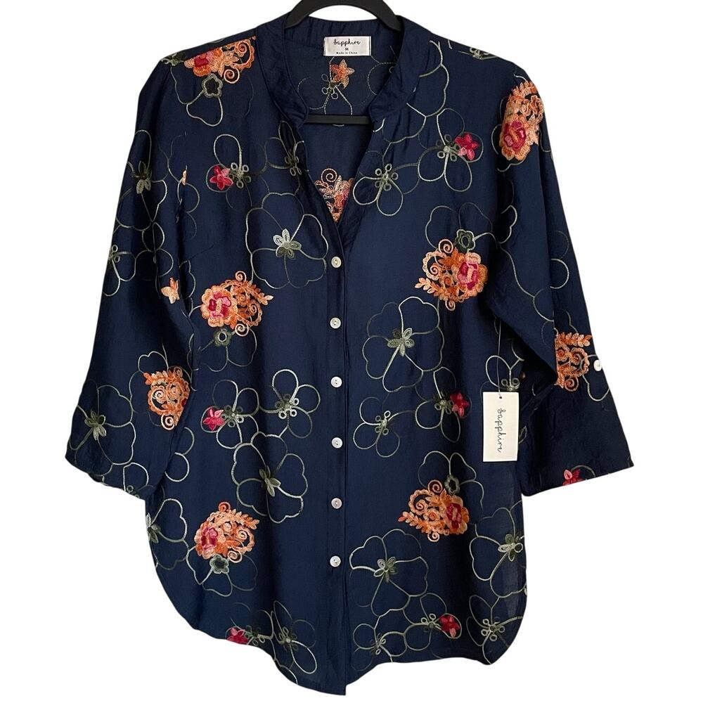 NEW Sapphire Floral Embroidered Tunic Top Sz M Button Up V-Neck Boho Artsy